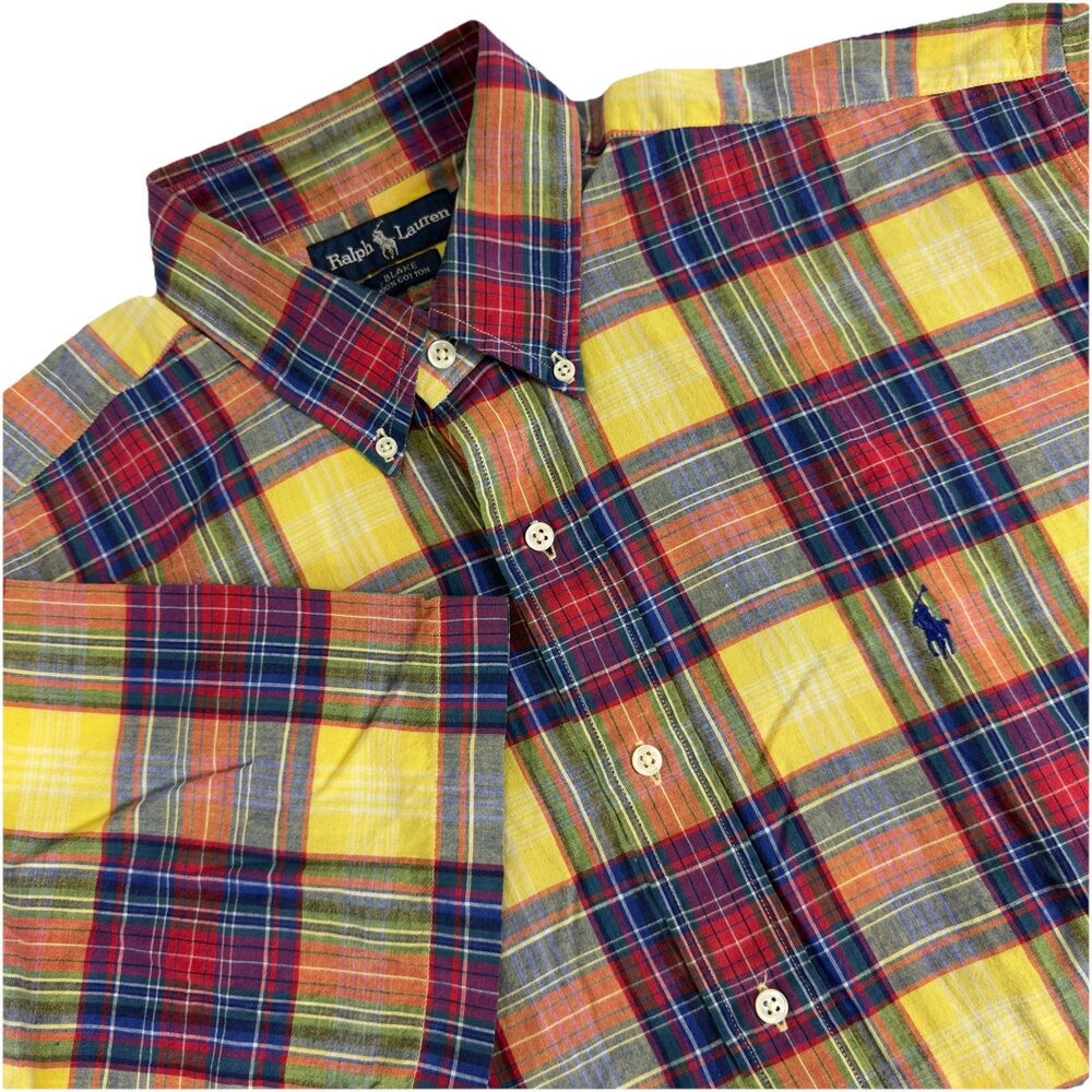 Ralph Lauren Blake Mens L Short Sleeve Button Down Shirt Madras plaid Colorful
